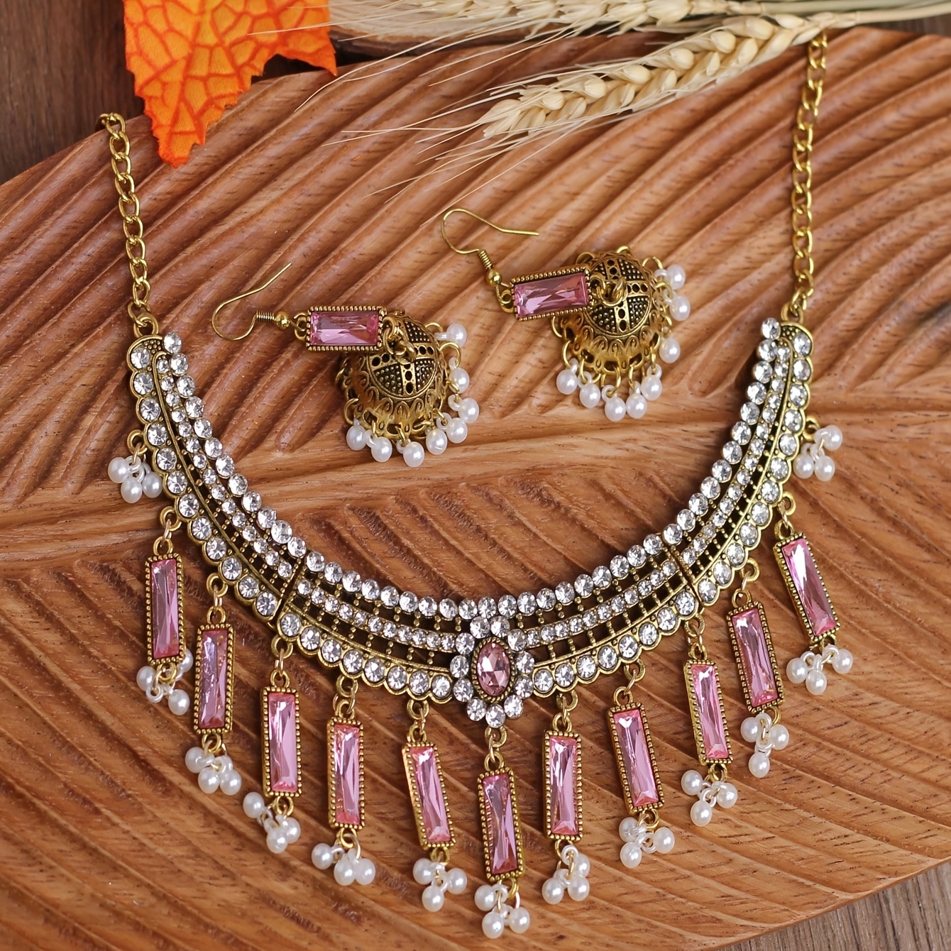 Vintage Golden Tone Black Choker & Bell Drop Earrings Set